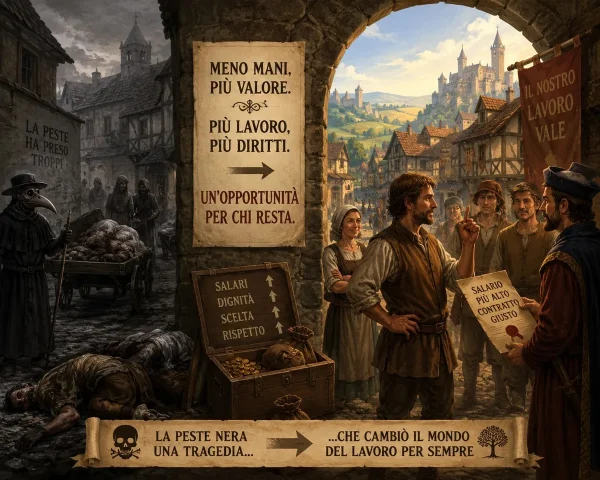 Scena medievale del XIV secolo durante la Peste Nera con contadini al lavoro nei campi