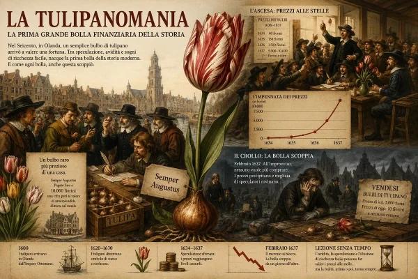 Tulipano olandese del Seicento accanto a monete d'oro, simbolo della bolla speculativa dei tulipani