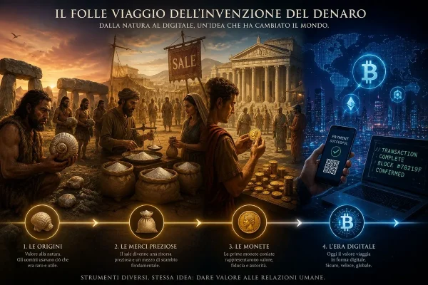 Evoluzione del denaro dalle conchiglie e monete d'oro antiche fino alle criptovalute digitali