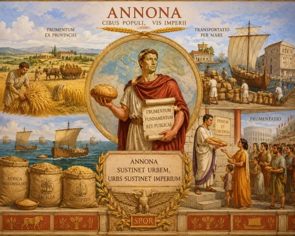 Magazzini del grano del porto di Ostia nell'antica Roma con navi mercantili cariche di frumento