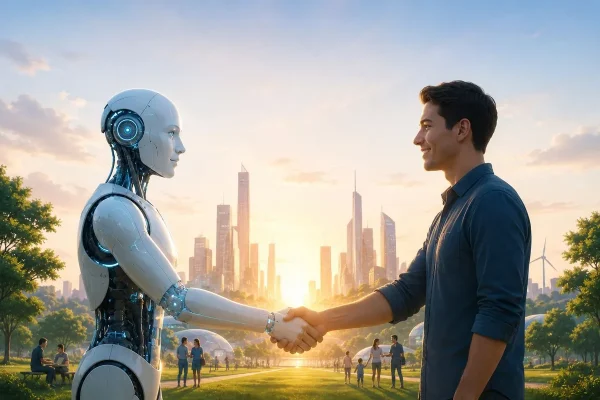 Lavoratore umano affiancato dall'intelligenza artificiale come copilota in un ufficio moderno