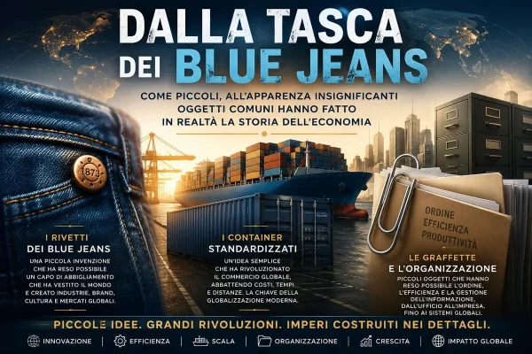 Rivetti dei jeans, container e graffette: come piccoli oggetti comuni hanno fatto la storia dell'economia e plasmato la globalizzazione moderna.