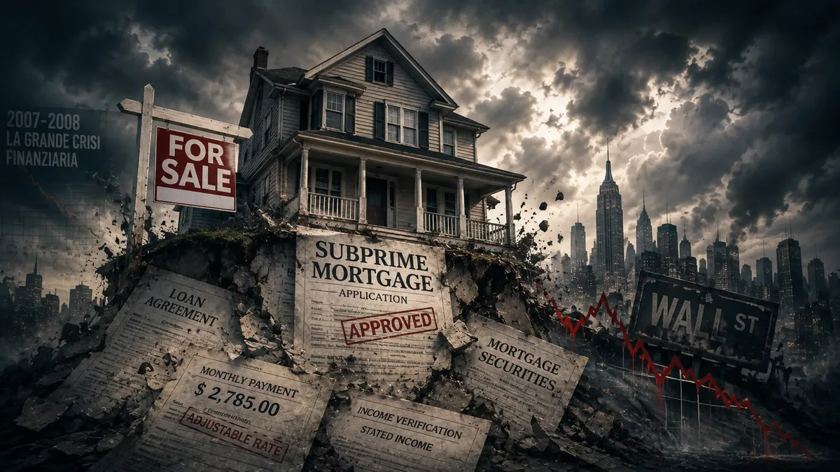 Casa americana in vendita che sprofonda su una montagna di contratti di mutuo subprime approvati, con Wall Street sullo sfondo