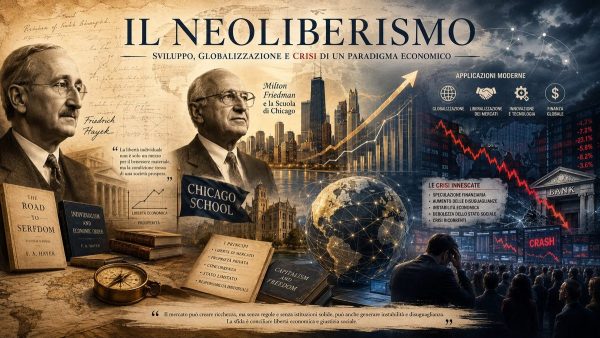 Ritratti di Friedrich Hayek e Milton Friedman con simboli di mercati globali, grafici finanziari in crollo e crisi economica