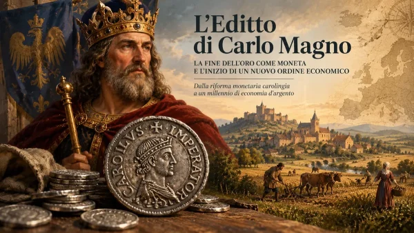 Carlo Magno con corona e scettro accanto a un denaro d'argento carolingio, sullo sfondo un borgo medievale e una mappa d'Europa — la riforma monetaria di Carlo Magno del 794