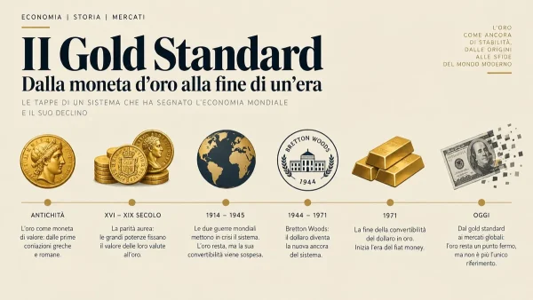 Timeline del Gold Standard dalle monete d'oro antiche a Bretton Woods 1944 fino alla fine della convertibilità del dollaro nel 1971