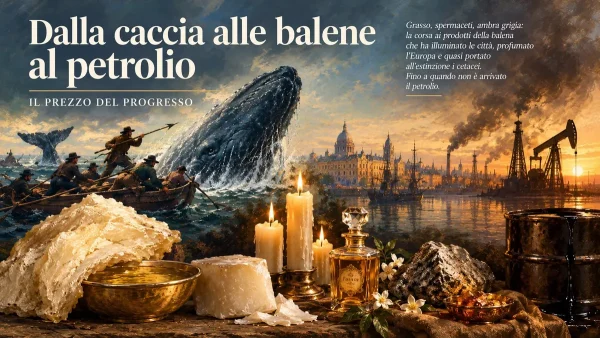 Baleniere ottocentesche all'arpione accanto a candele di spermaceti, un flacone di profumo e un barile di petrolio — l'olio di balena e ciò che lo ha sostituito