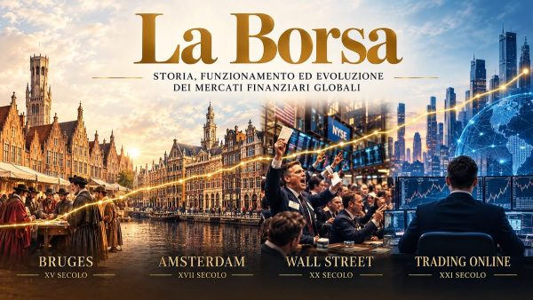 Quattro epoche della Borsa: mercanti a Bruges nel XV secolo, Amsterdam nel XVII, la sala di Wall Street nel XX e il trading online nel XXI