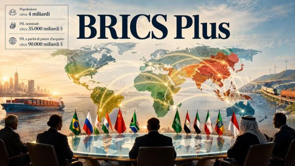Mappa del mondo con le rotte commerciali dei Paesi BRICS Plus e le bandiere dei membri attorno a un tavolo