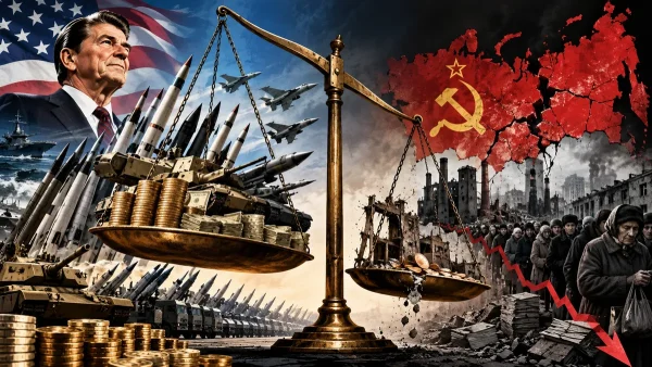 Bilancia con missili e monete americani da un lato e le rovine dell’Unione Sovietica dall’altro