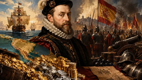 Filippo II di Spagna davanti a navi, cannoni, soldati e casse di oro e argento americano