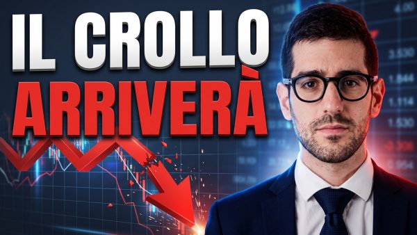 Ettore Bellò accanto a un grafico di Borsa con una freccia rossa che precipita e la scritta “Il crollo arriverà”