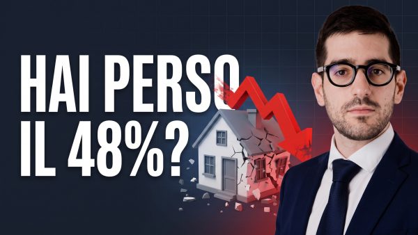 Ettore Bellò con una casa che si sgretola e la scritta Hai perso il 48%?