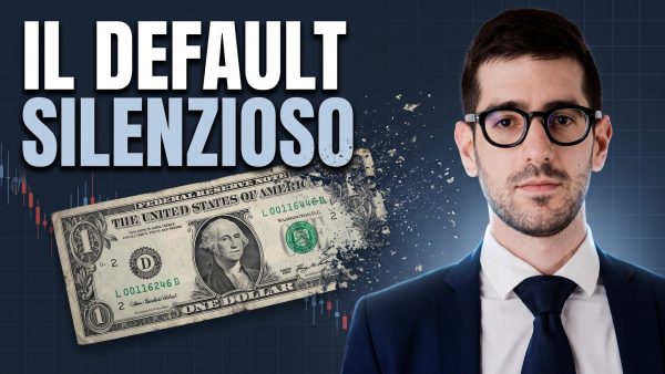 Ettore Bellò accanto a una banconota da un dollaro che si dissolve, con la scritta Il default silenzioso
