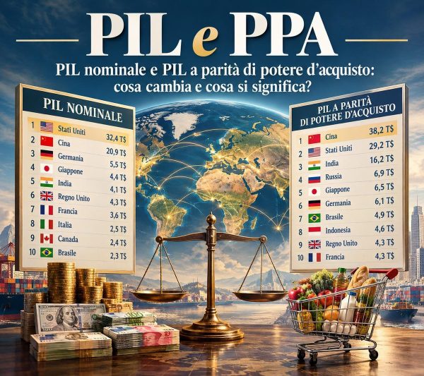 Due classifiche dei PIL, nominale e a parità di potere d’acquisto, con una bilancia davanti al mappamondo